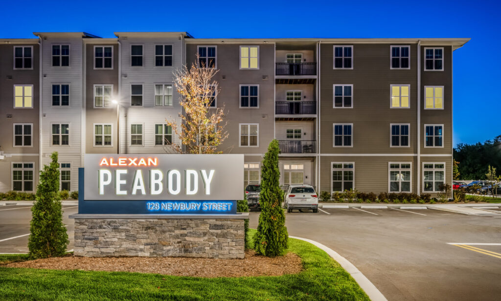 Alexan Peabody Exterior showing property signage