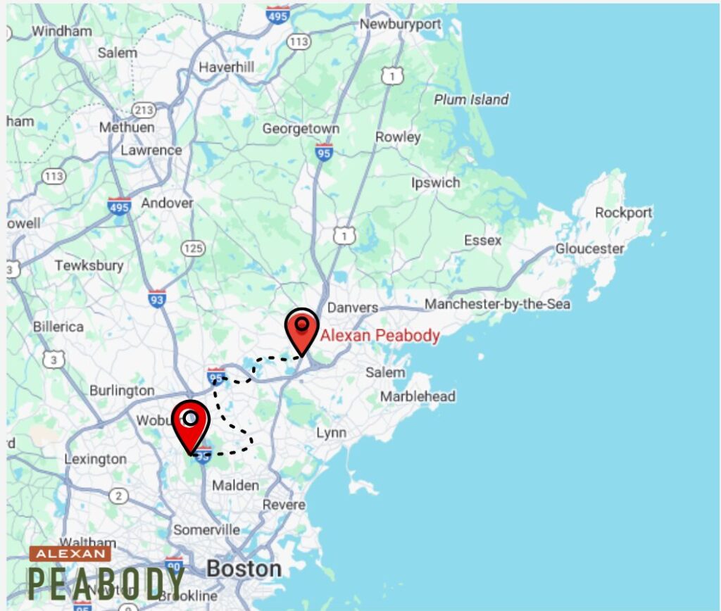 Map photo showing the greater Boston area and the Alexan Peabody logo