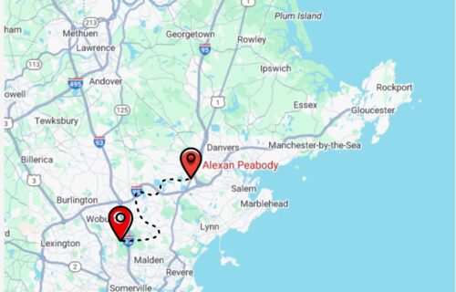 Map photo showing the greater Boston area and the Alexan Peabody logo