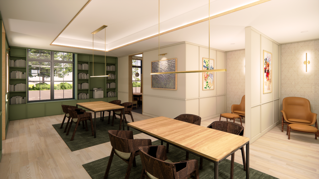 Alexan Peabody work lounge with tables and private conference rooms