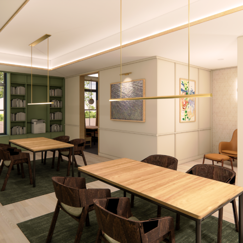 Alexan Peabody work lounge with tables and private conference rooms